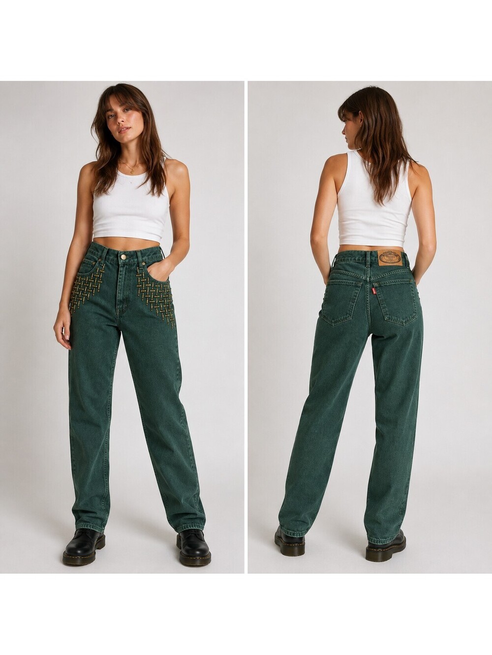 Monique 80s/90s High Waist Studded Green Mom Jeans - 3/4